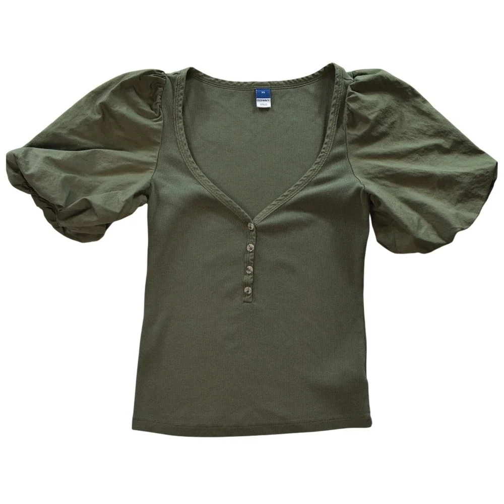Old Navy Womens XS Olive Green Ribbed Henley Top Puff Sleeve V-Neck Slim Fit